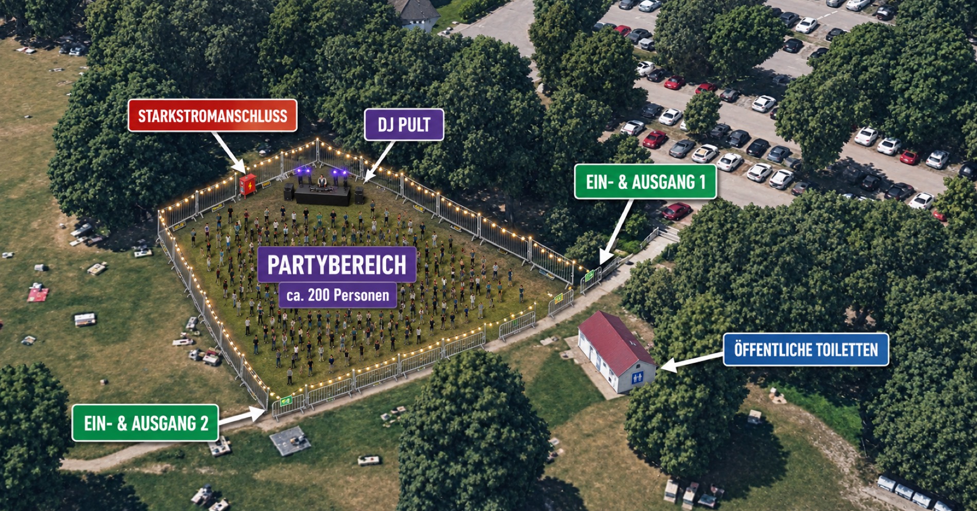 Geländeaufteilung der SOVU Outdoor-Party am Oedter See: umzäunter Partybereich, DJ-Pult, zwei Ein- und Ausgänge, öffentliche Toiletten und Starkstromanschluss.